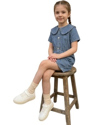 ERDEM KIDS Kız Çocuk Denim Kot Yazlık Kısa Kol Bebe Yaka Çıtçıtlı Günlük Bayramlık Tulum — Mavi