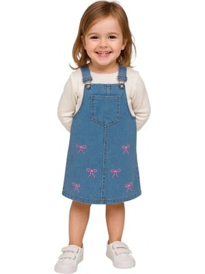 ERDEM KIDS Kız Çocuk Günlük-Casual Bayramlık Kot Jile Kısa Elbise Askılı Bahçıvan Salopet Elbise — Mavi Pembe