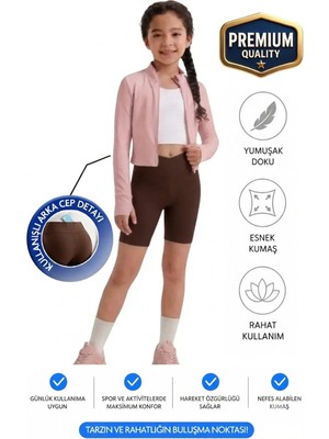 ERDEM KIDS Kız Çocuk Cepli Kruvaze Kemer Yüksek Bel Biker Günlük Koşu Yürüyüş Yoga Spor Voleybol Fitness Kısa Tayt — Kahve