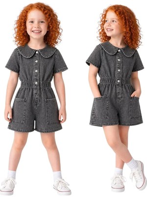 ERDEM KIDS Kız Çocuk Denim Kot Yazlık Kısa Kol Bebe Yaka Çıtçıtlı Günlük Bayramlık Tulum — Antrasit