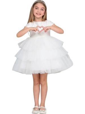 ERDEM KIDS Kız Çocuk Fırfırlı Tüllü Saten Düğün Kına Nişan Nikah Doğum Günü Özel Gün Abiye Elbise Gelinlik 4-8 Yaş — Beyaz