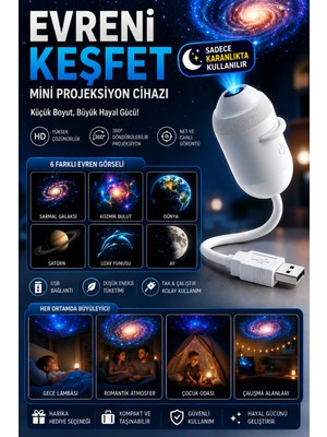Prepare Uzay Gece Lambası Mini Projektör 6 Film Disk 360° Dönen Ay Aurora Kuzey Işıkları Tak Çalıştır Nebula