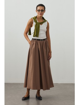 Fahhar Küçük Ekose Büzgülü Etek Camel