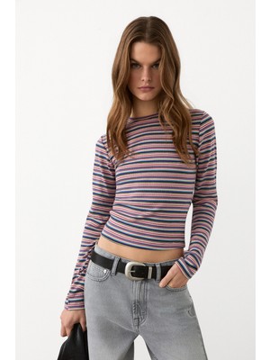 Grimelange Grıgros Kadın Esnek Kumaşlı Vücuda Oturan Slim Fit Uzun Kollu Mavi Çizgili T-Shirt