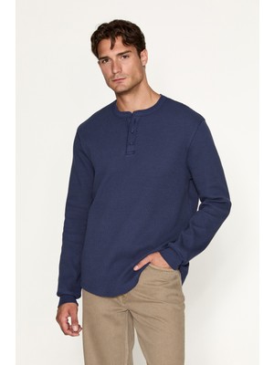 Grimelange Sıella Erkek Organik Pamuklu Patlı Uzun Kollu Mavi Sweatshirt