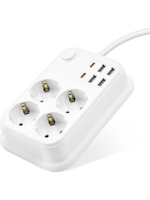 Skygo Topraklı Termal Akım Korumalı Uzatma Kablosu Anahtarlı 4 Priz 4 Usb 2 Type-C 2 M Beyaz SH4629
