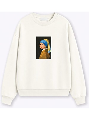 Monila Kadın Premium Kumaş 3 Iplik Şardonlu Inci Küpeli Kız Baskılı Sweatshirt