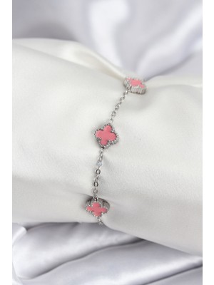 Efnaz Style 316L Çelik Gümüş Renk Pembe Baby Boy Yonca Kadın Bileklik
