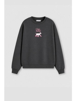 Monila Kadın Premium Kumaş 3 Iplik Şardonlu Köpek Baskılı Sweatshirt