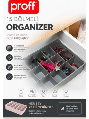 proff 15 Bölmeli Takı Makyaj Çekmece Içi Düzenleyici Kozmetik Aksesuar Organizer 23 cm x 30,5 cm