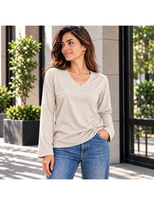 Hayalet Kadın V Yaka Uzun Kollu T-Shirt Ultra Soft Basic T-Shirt