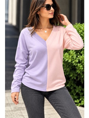 Gökyüzü Moda Lila ve Pudra Renk Bloklu V Yaka Uzun Kollu Bluz