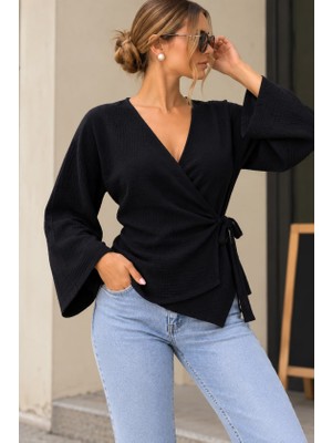 Gökyüzü Moda Kruvaze Kesim, Bağlama Detaylı Siyah Bluz