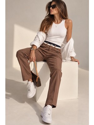 Globalux Kadın Brown High Waist Straight Leg - Fermuar Cepli Pantolon - Yüksek Bel - Kadın Pantolon