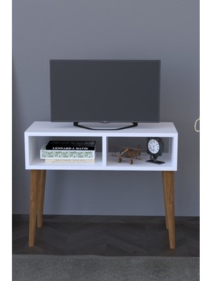 Remaks Beyaz Retro TV Sehpası Ünitesi Modern Tasarım 72 cm Genişlik 60 cm Yükseklik Suntalam Malzeme