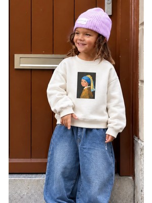 Monila Kız Çocuk Pamuklu Bisiklet Yaka Inci Küpeli Kız Baskılı Sweatshirt