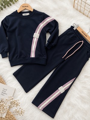 Butik Pudra Şerit Detaylı Lacivert Palazzo Kesim Kız Çocuk Ikili Takım