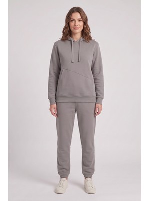 Machi Makiteks Gri Kadın 3 Iplik Şardonlu Asimetrik Kesik Cepli Kapüşonlu Paçası Lastikli Eşofman Takımı - Sweatshirt ve Eşofman Altı Ikili Takım