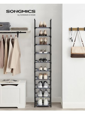 Store Ayakkabı Rafı, Ayakkabı Düzenleyici, 10 Raf, Açık Dar Ayakkabı Rafı, 33 x 33 x 173 Cm, Metal Çerçeve, Dokunmamış Kumaş Raflar, Koridor, Yatak Odası, Gri LSR110G01
