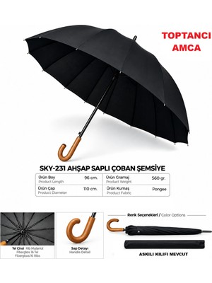 Toptancı Amca Ahşap Saplı 16 Tel Kılıflı Çoban Şemsiye 110 cm 16 Telli Siyah Klasik Büyük Boy Şemsiye