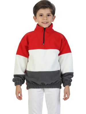 ERDEM KIDS Unisex Kız-Erkek Çocuk Dik Yaka Fermuarlı Sweatshirt-Kazak Beli Lastikli Çok Renkli Kışlık Polar — Kırmızı-Ekru-Gri