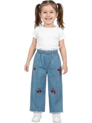 ERDEM KIDS Kız Çocuk Pamuklu Beli Lastikli Jean Pantolon Günlük Rahat Kalıp Geniş Bol Paça Kot Pantolon — Mavi