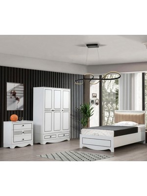 Setay Papatya Genç Odası - 3 Kapılı Dolap, Bazalı Karyola, Şifonyer - 90X190, Beyaz