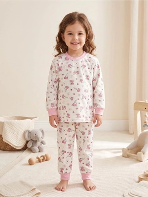 Deniva Kids Kız Çocuk Pembe Sevimli Desenli %100 Pamuklu Ribanalı Uzun Kollu Pijama Takımı