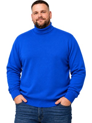 Battal Moda Erkek Büyük Beden Saks Mavisi Tam Balıkçı Yaka Kazak Xl-2xl-3xl-4xl