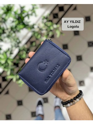 Visso 661 Fermuarlı Kredi Kartlık Model Hakiki Deri Çanta Kişiye Özel Kartlık Cüzdan Bay &bayan İçin  Lacivert GUTTY Ayyıldız LOGO