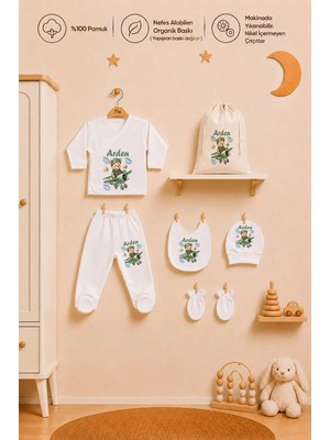 Pia Baby Isme Özel Erkek Bebek Hastane Çıkışı 6 Parça Zıbın Takımı %100 Pamuk Organik Baskılı Erkek Bebek Hediyesi