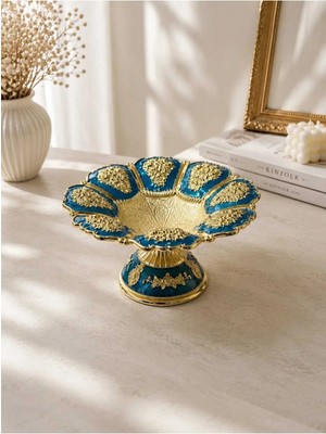 Rasha Collection Gold Mavi Motifli Ayaklı Dekoratif Sunum Tabağı