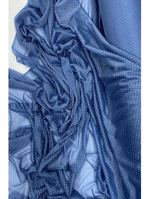 Yağmur Damlası Simli Abiye Elbise Şallık Tül Kumaş Indigo Mavi 89