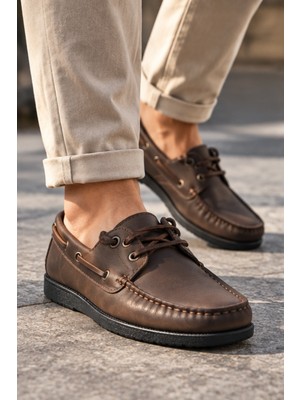 Liarca Nautical Hakiki Deri Kahverengi Siyah Kauçuk Taban Boat Shoe Loafer Makosen Casual Ayakkabı