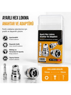 Skygo Ayarlı Hex Lokma Anahtar ve Matkap Adaptörü (10-19mm 3/8 Inc )