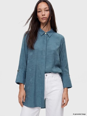 Lc Waikiki Yeni Sezon Petrol Desenli Oversize Kadın Gömlek Tunik