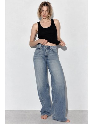 Hiccup Kadınlar Yüksek Bel Geniş Paça Jean Orta Mavi Denim