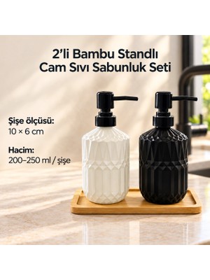 PratikBir 2'li Bambu Standlı Cam Sıvı Sabunluk Seti