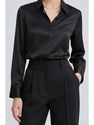Emmas Clothing Kadın Siyah Saten Gömlek