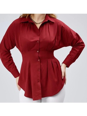 Emmas Clothing Kadın Belden Oturtmalı Pileli Bordo Gömlek