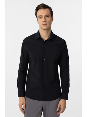 Süvari Lacivert Slim Klasik Yaka Düz Casual Gömlek