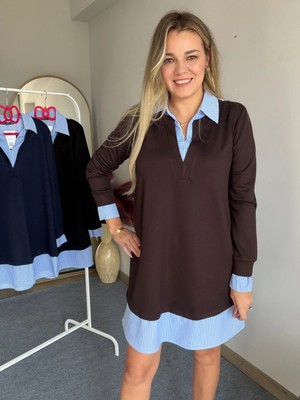 Ded Collection Kadın Gömlek Yaka Kol ve Etek Ucu Çizgili Gömlek Detaylı Elbise