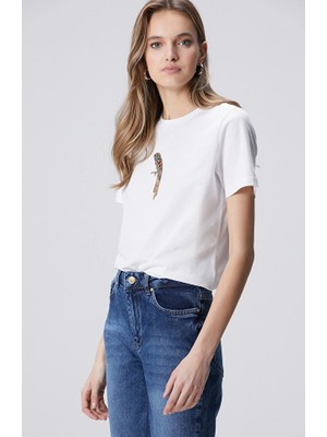 Network White Rhinestone Parrot Figure T-Shirt