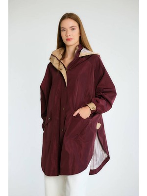 Qimya Butik Robin Kadın Kapüşonlu Yanları Yırtmaçlı Reglan Kol Oversize Trençkot