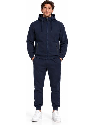 Trendhill Erkek 3 Iplik Pamuklu Dik Yakalı ve Kapüşonlu Fermuarlı Eşofman Takımı LACIVERT-204