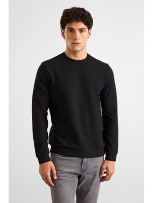 Süvari Siyah Regular Melanjlı Baskısız Waffle Bisiklet Yaka Cepsiz Sweatshirt