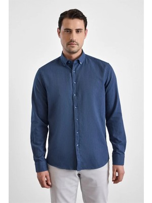 Süvari Lacivert Slim Düğmeli Yaka Düz Cepsiz Casual Gömlek