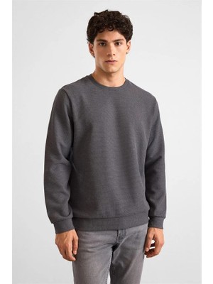 Süvari Gri Regular Melanjlı Baskısız Waffle Bisiklet Yaka Cepsiz Sweatshirt