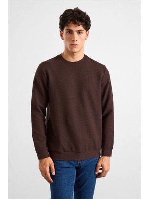 Süvari Koyu Kahve Regular Melanjlı Baskısız Waffle Bisiklet Yaka Cepsiz Sweatshirt