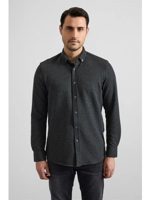 Süvari Antrasit Slim Düğmeli Yaka Manşetli Casual Gömlek